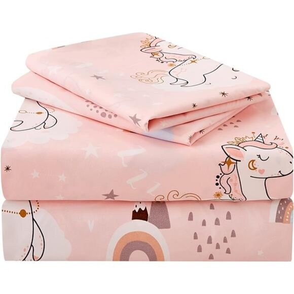 Pink Unicorn Kids Sheet Set Twin Size, 3 Piece Girls Rainbow Printed - Picture 1 of 7